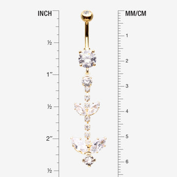 Detail View 1 of Golden Shimmering Sparkle Leaflet Floral Cascading Belly Button Ring-Clear Gem